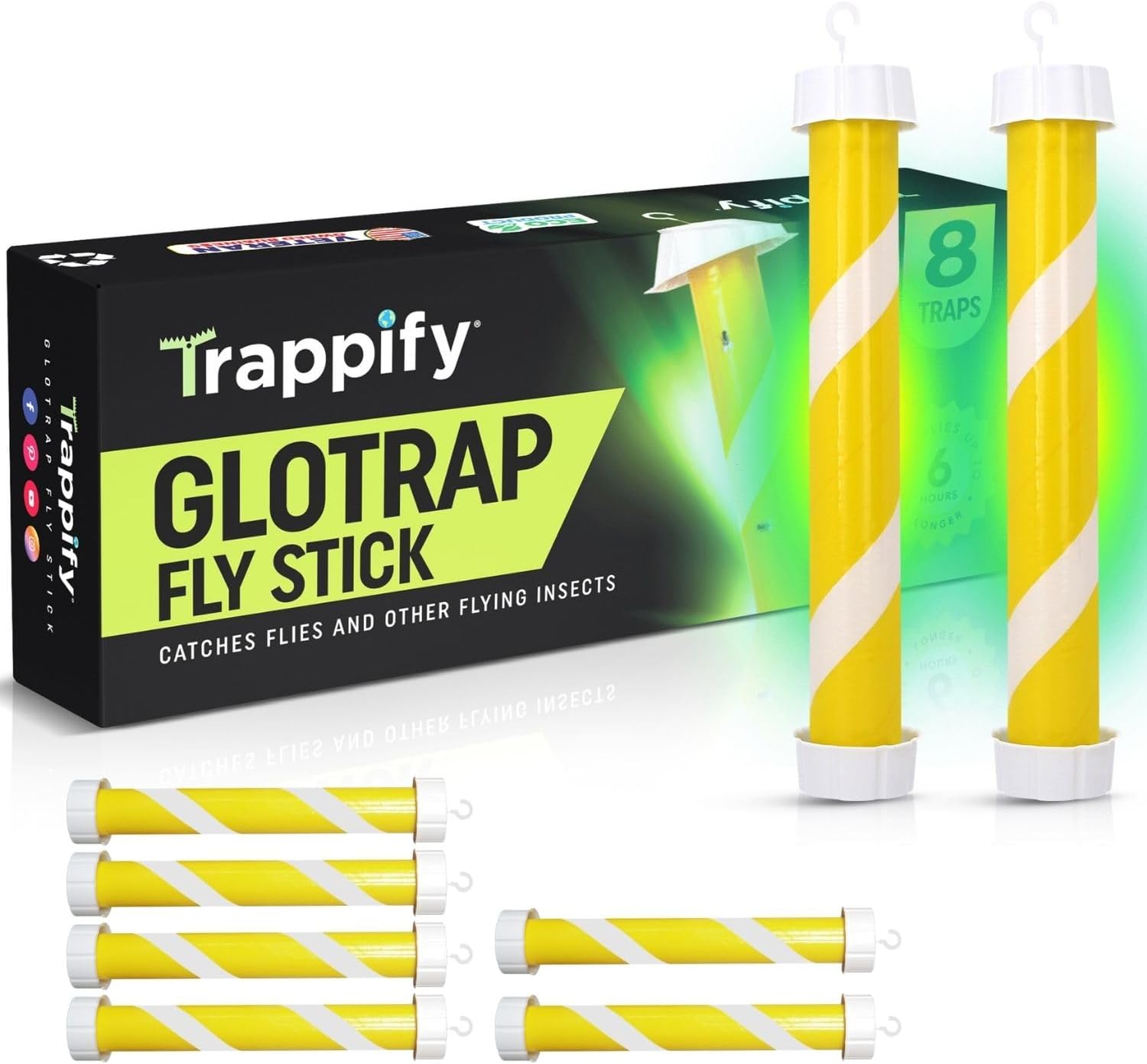 Trappify Glow-in-The-Dark Fly Trap for Indoor & Outdoor Fly Sticks (8 Pack) | Yellow Adhesive Fly Sticks