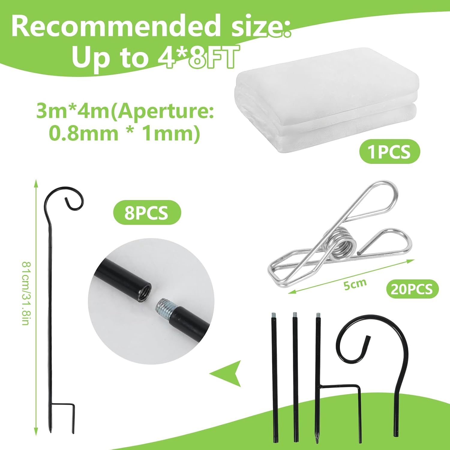 Garden Netting Kit for Raised Beds, 10 x 13 FT Ultra Fine Insect Mesh with 8 Upgraded Hook-Top Stakes & 20 Clips, Plant