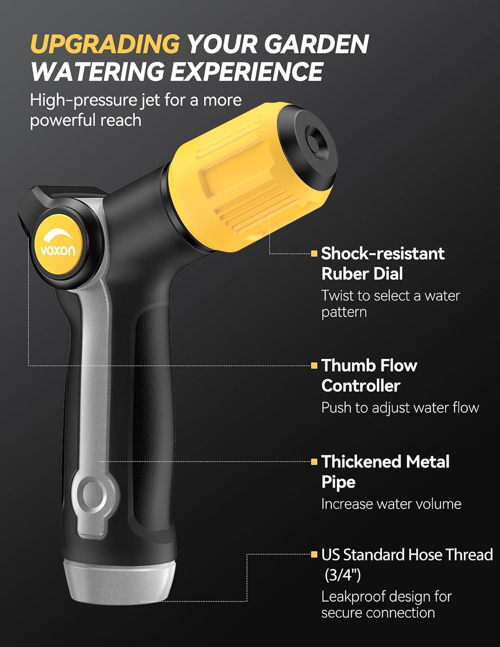 VOXON Garden Hose Nozzle with High Pressure Jet, 100% Heavy Duty Metal | Zinc Alloy & TPR Rubber, With Thumb Flow