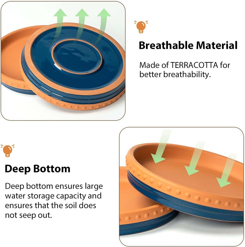 Plant Saucers, 8" Plant Trays to Catch Water, 2 Pcs, Premium Terracotta | Glazed navy blue and terracotta ceramic