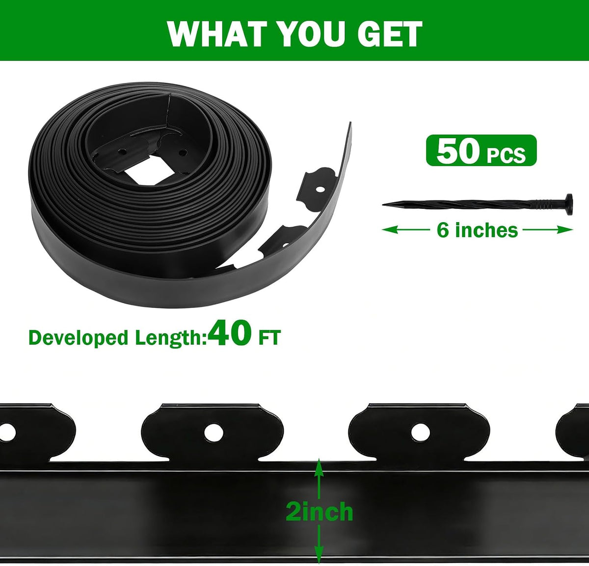 No Dig Landscape Edging 2 Inch x 40 FT, Heavy Duty Flexible Plastic Garden Border with 50 Spiral Spikes, Lawn Edging