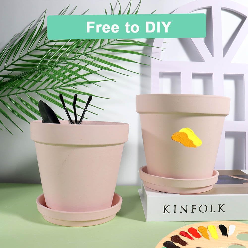 6 Inch Pink Terracotta & Clay Pots with Saucer, 4 Pack | Medium Terra Cotta Planter with Drainage, Flowerpot for Indoor