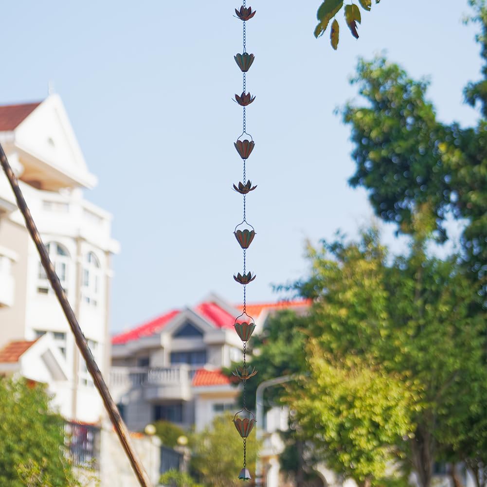 10.3ft Lotus Rain Chains for Outside Gutters, Eaves, Drainage | 16 Cups, Metal Rain Chain, Adjustable Length