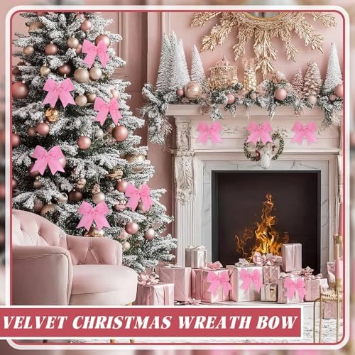 Janinka 12 Pcs 6 Inch Christmas Velvet Bows Decoration for Wreath, Pink