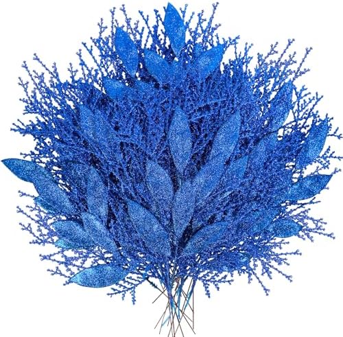 Winlyn 30 Pcs Christmas Artificial Leaf Sprays Cedar Picks Blue Glittered Christmas Tree Ornaments Winter Floral Stems for Blue Christmas Tree Wreaths Centerpieces Holiday Seasonal Wedding Decoration