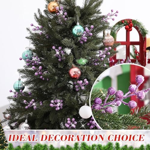 Geosar 30 Pieces Artificial Christmas Berry Picks with Snowflake Glitter Holly Berry Stems for Christmas Tree Ornaments Vases DIY Crafts Wedding Party Holiday Decor(Glitter Purple)