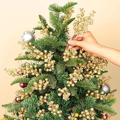 36Pcs Christmas Glitter Berry Stems, Silver Artificial Christmas Tree Picks