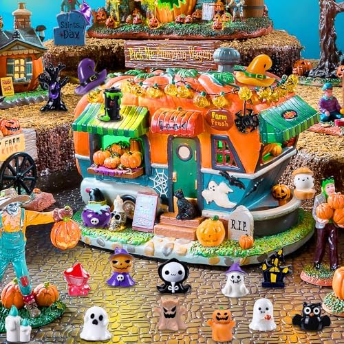 DIYDEC 32pcs Halloween Mini Resin Figures 32 Styles Tiny Resin Animals Little Small Figures to Hide Pumpkin Ghost Skull Miniatures Bulk for Halloween Party Favors Bag Fillers Garden Dollhouse Decor