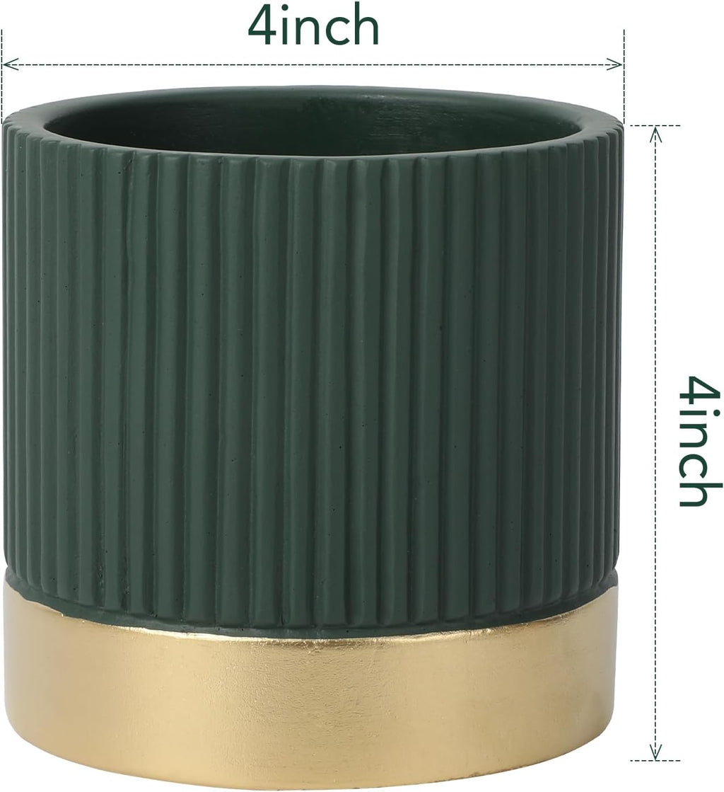 3-Pcs 4 Inch Cement Planters Set - Vintage Ribbed Flower Pots with Gold Rim and Drainage Holes, Modern Ceramic