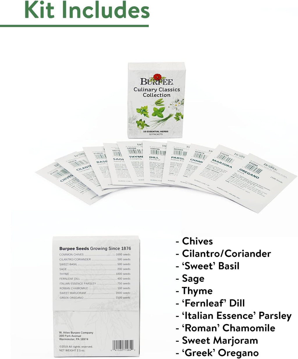 Burpee Culinary Classics Garden Collection 10 Packets of Non-GMO Chives, Cilantro, Basil, Sage, Thyme, Dill, Parsley