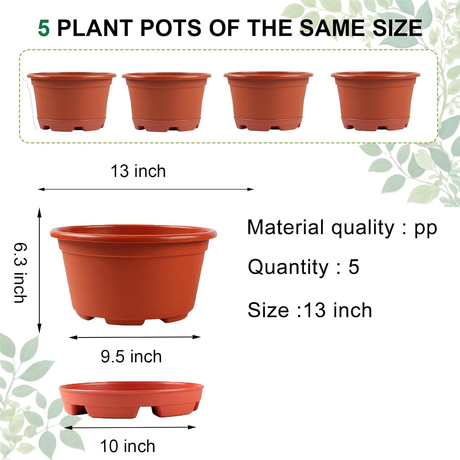 KPUVX Outdoor Flower Pots, 13 inch, 5 Packs | Modern Decorative, Garden Pot with Saucer, Lightweight Large Plastic