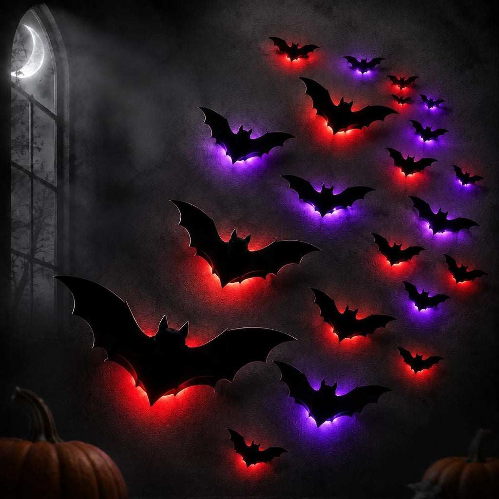 Halloween 3D Lighted Bats, LED Purple Glowing Wall Stickers, Indoor Outdoor