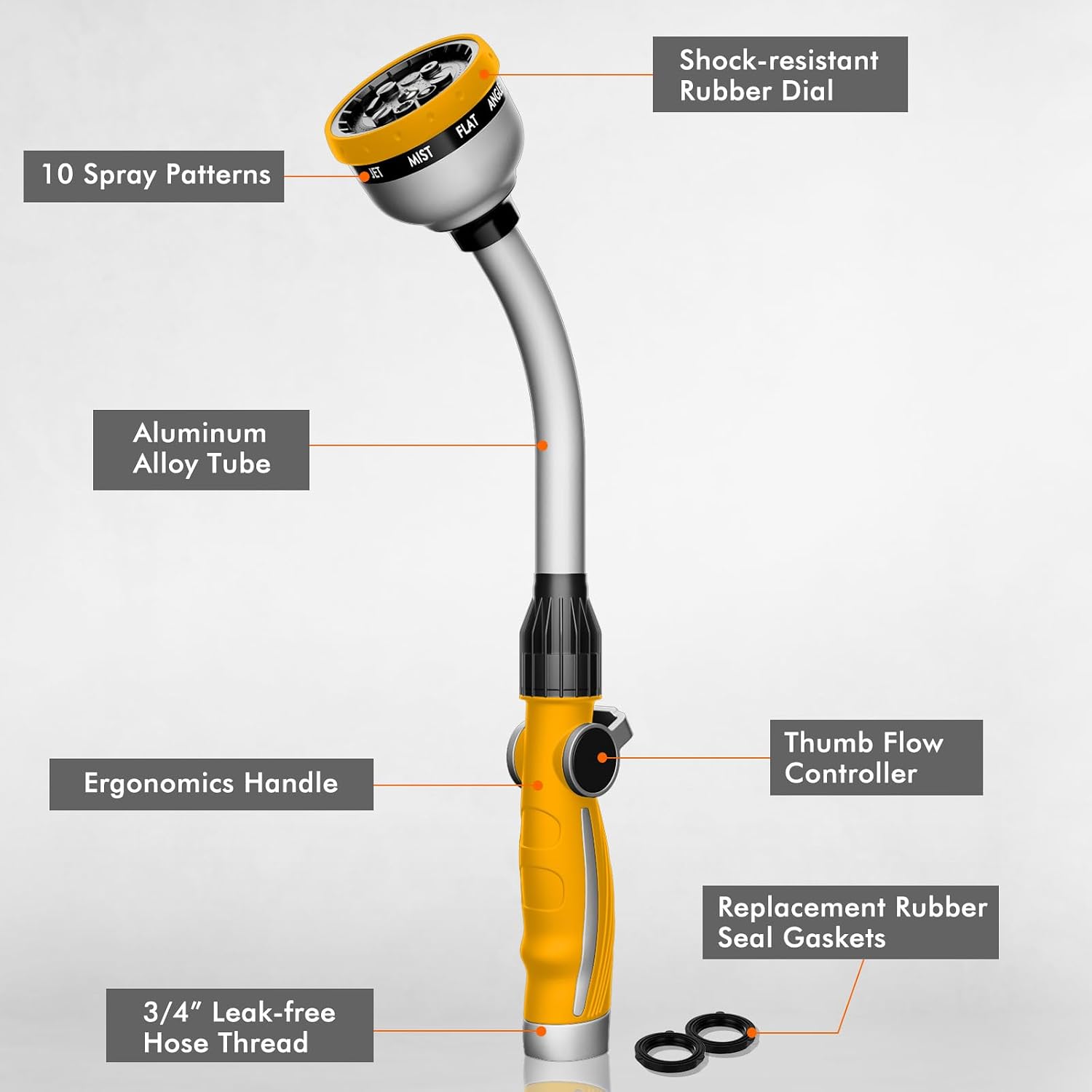 RESTMO Watering Wand Heavy Duty, 15-Inch Long Hose Nozzle Sprayer | 10 Spray Patterns & Thumb Flow Control, Metal