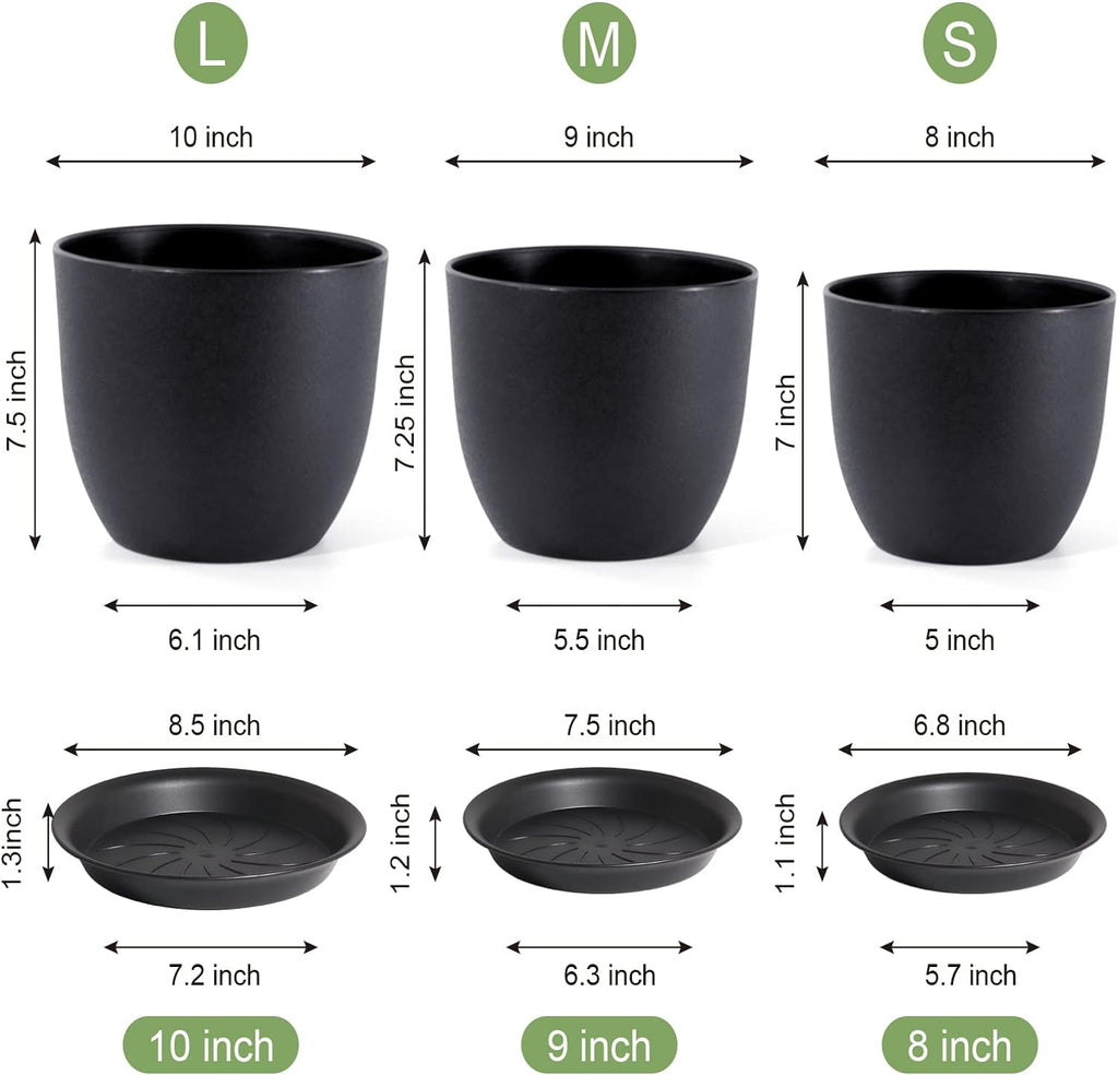 WSMKSZ 10/9/8 inch Medium Plant Pots, 3 Pack Modern Decorative Plastic Planters with Drainage Holes and Saucers, Flower