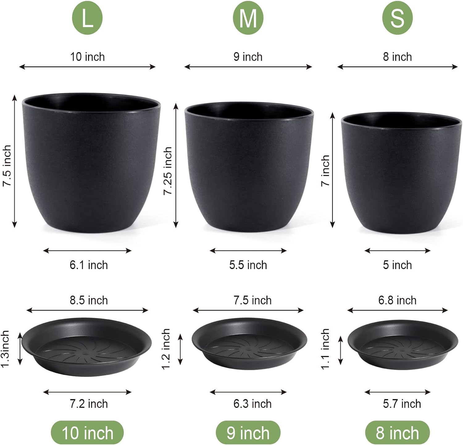 WSMKSZ 10/9/8 inch Medium Plant Pots, 3 Pack Modern Decorative Plastic Planters with Drainage Holes and Saucers, Flower