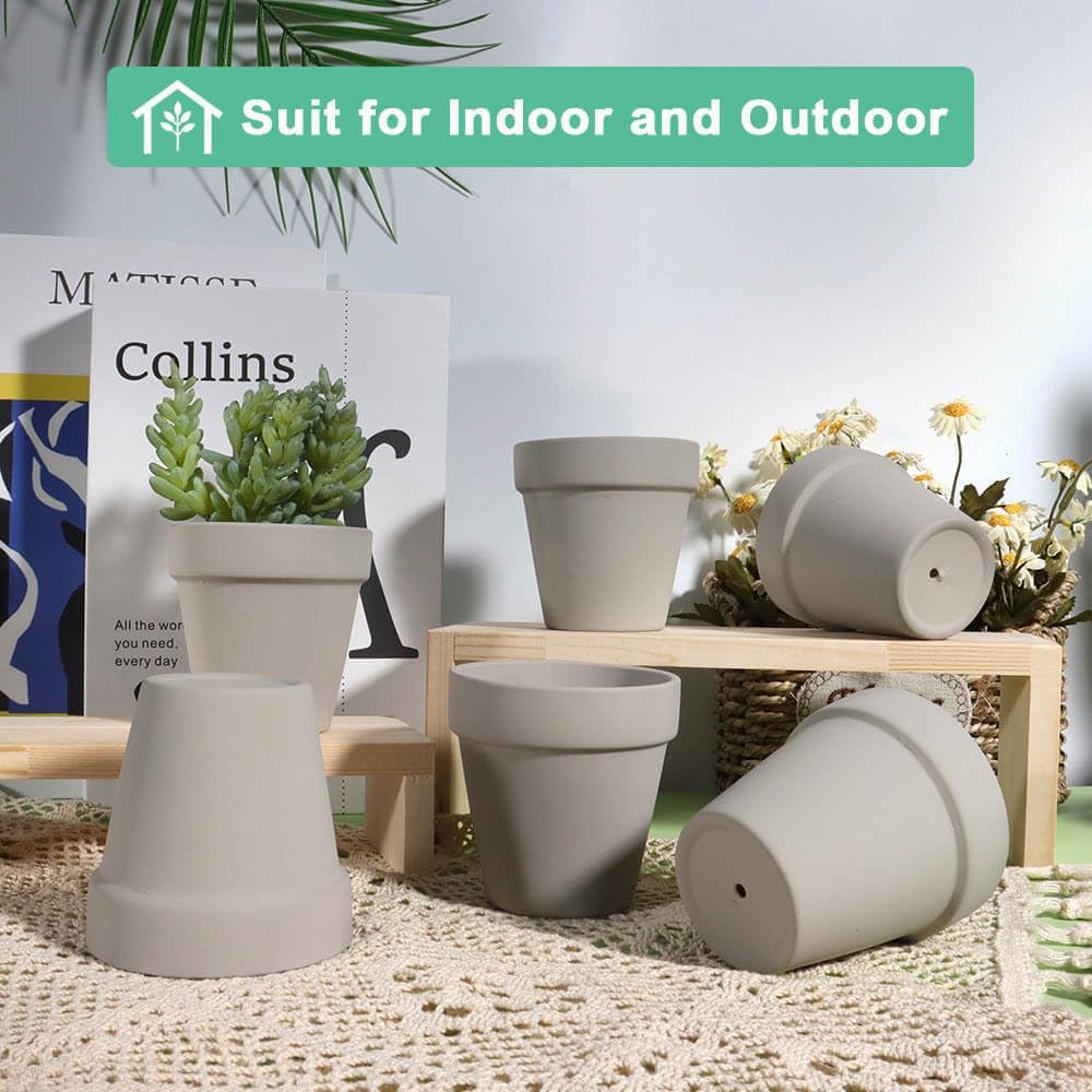 3 Inch Grey Terracotta & Clay Pot with Drainage, 20 Pack | Clay Flowerpot, Nursery pot for succulents, cactus, herbs
