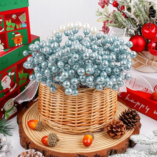 Fangoo 20 Pack 7 Inch Artificial Light Blue Berry Picks for Christmas Tree Light Blue Berries Stems Holly Berry Branches Ornaments Wreath Crafts Wedding Holiday Season Winter Home Decor