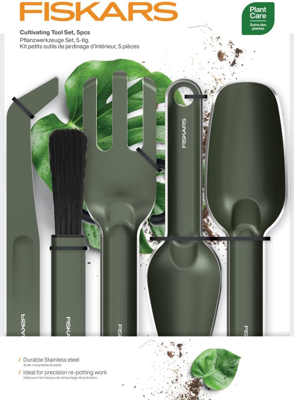 Fiskars Urban Plant Care Planting Tools Set, 5-Piece | All-in-One Kit for Indoor Plants, Space Saving Design, Stainless