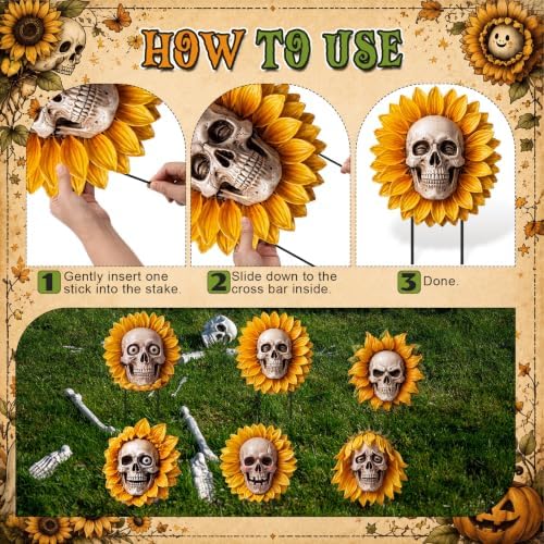 AceOrbit 6 Pcs Halloween Sunflower Skull Outdoor Decor Yard Sign with Stake