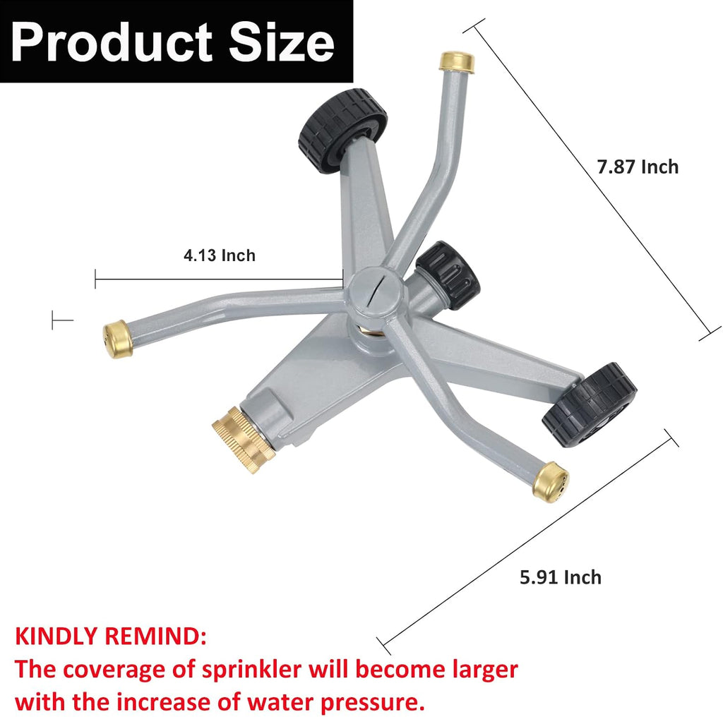 STYDDI Metal Rotating Water Sprinkler for Lawn, Heavy Duty Metal 3-Arms Whirling 360 Degree Automatic Rotary Sprinkler