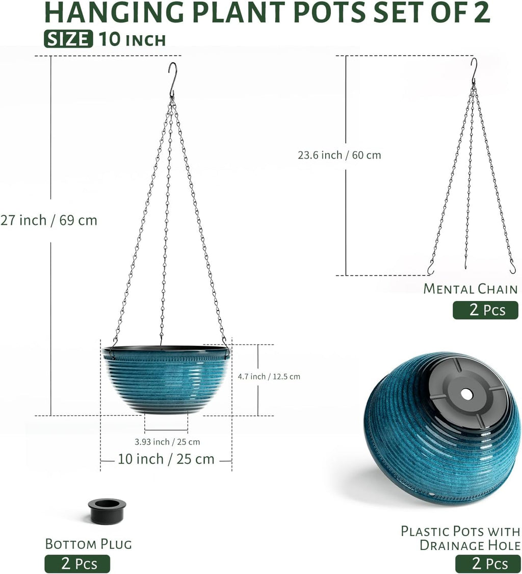 10 Inch Glazed Hanging Planters for Indoor Outdoor Plants, 2 Pack, Blue | hanging Baskets with Drainage Hole, Ceramic