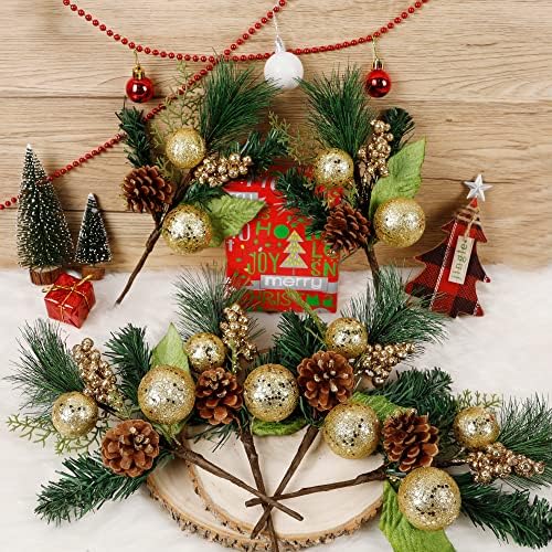 DR.DUDU 12" Gold & Green Christmas Picks and Sprays – 6 Pcs Tree Fillers