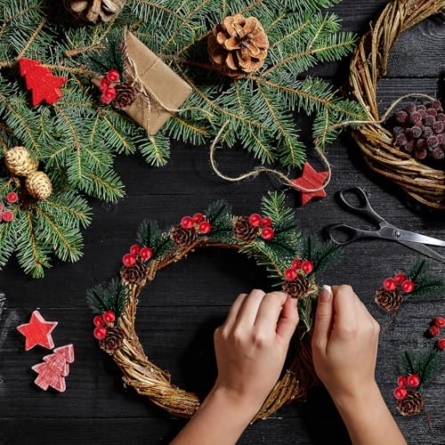 10 PCS Christmas Snow Covered Pine Needles Branches with Red Berries, Christmas Floral Pick Mini Pinecone Picks for Holiday Wreath,Tree Ornaments