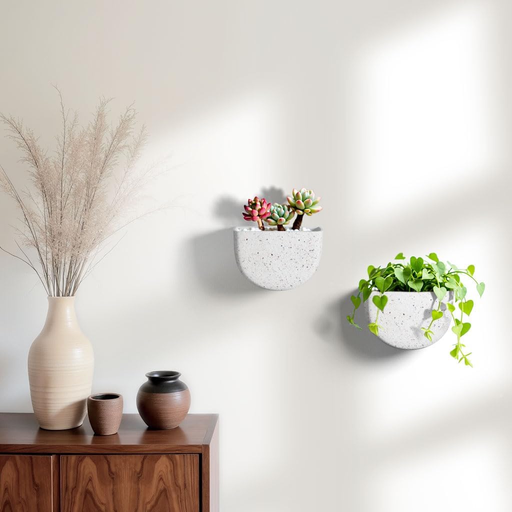 Asnext 2 Pack Indoor Wall Planter, 7 Inch Wall Planter Pot, Speckled White | Unique Half-moon Shaped Design Wall