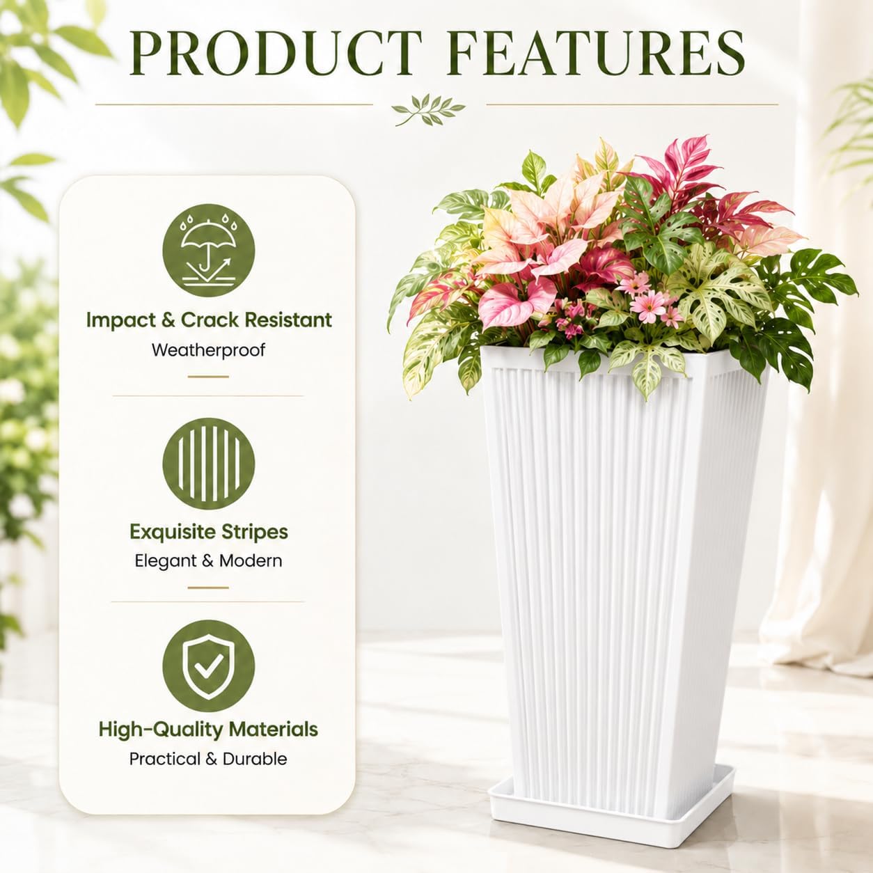24" Tall Planters for Outdoor Plants Set of 2 Square Fluted,White | Textured Finishes Tapered Modern Large