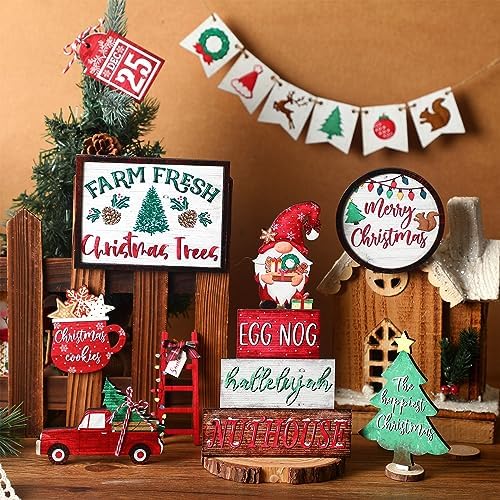 Fairysandy 15 Pcs Christmas Tiered Tray Decor, Rustic Farmhouse Gnome Sign