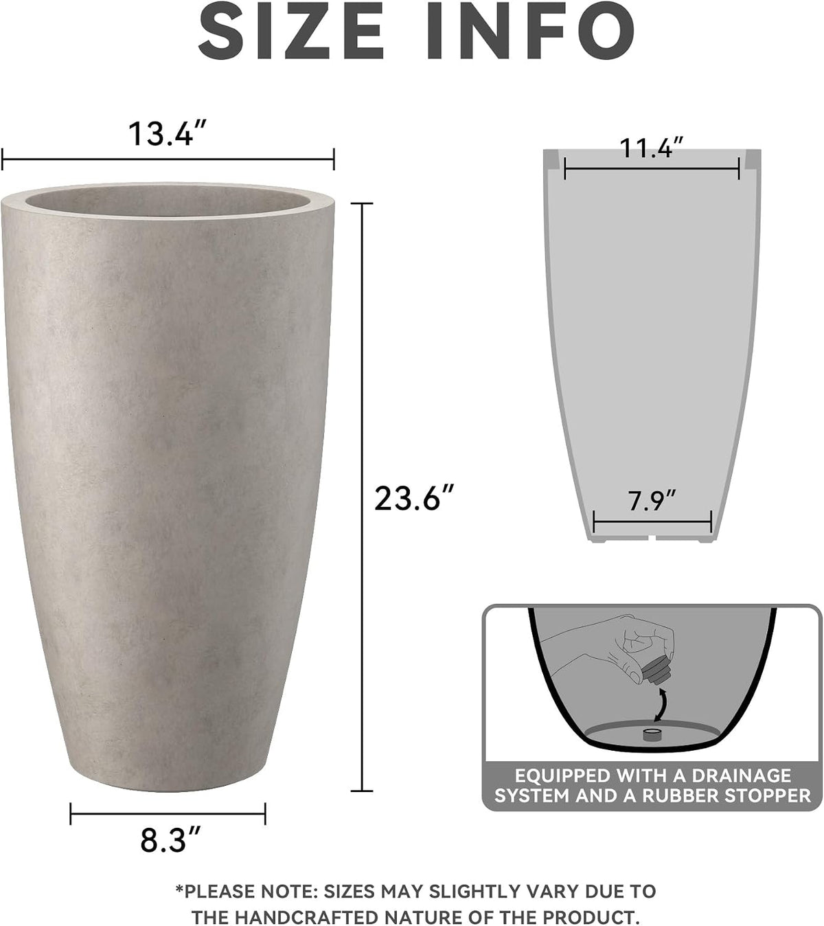 Kante Set of 2 Weathered Concrete Round Planters 23.6" Tall Home & Outdoor | Drainage for Outdoor, Rubber Plug for