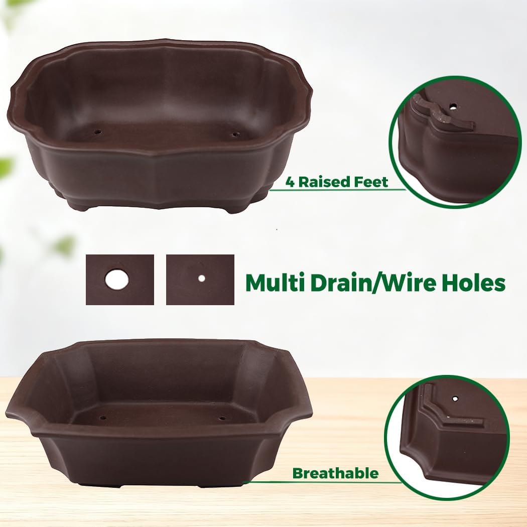 MUZHI 2 Pack 8" Unglazed Ceramic Bonsai Tree Pot Training Planter with Drainage Wiring Hole, Breathable Handmade Zisha