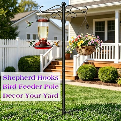 76'' Bird Feeder Pole, Adjustable Shepherds Hooks for Outdoor, Metal Garden Hanging Holder for Hummingbird Feeder, Wind Chimes, Patio Stakes, Wedding Decor