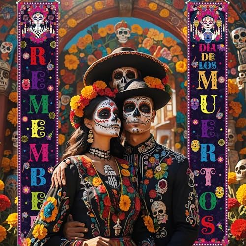 Dia De Los Muertos Porch Banner Sign Day of The Dead Door Decorations Sugar Skull Hanging Banner for Indoor Outdoor, 12 X 71 Inch