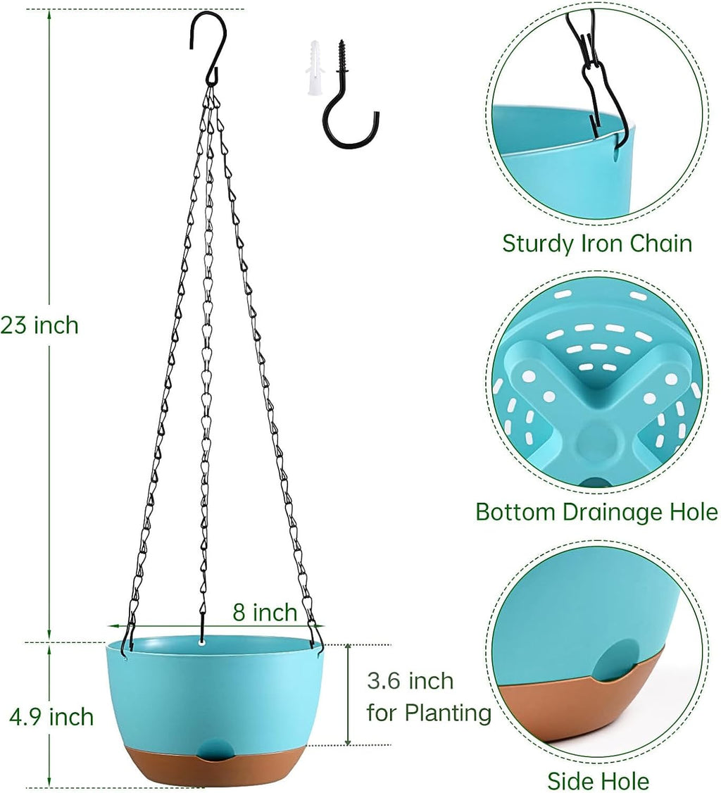 Set of 2-8 Inch Hanging Planters for Indoor Outdoor Plants | Self-Watering Hanging Flower Pots with Drainage Hole &