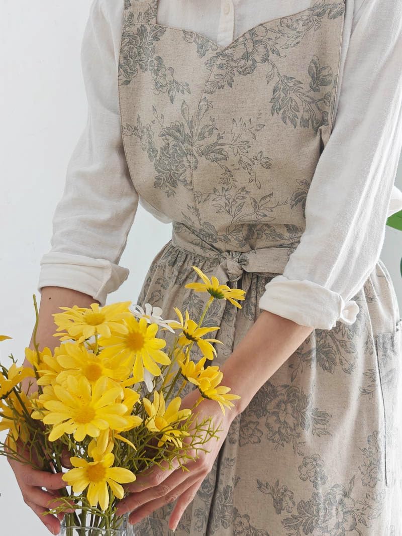 Floral Cotton Waterproof Adult Kitchen Apron Adjustable Cooking Baking Garden Chef Apron with Pocket