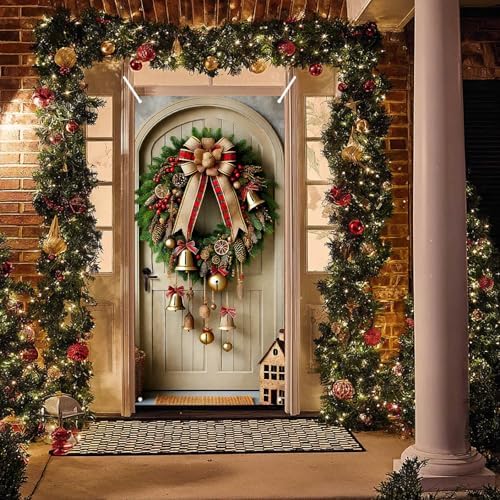 BlissYard Christmas Door Cover Bell Bow 35x71 Inch Polyester
