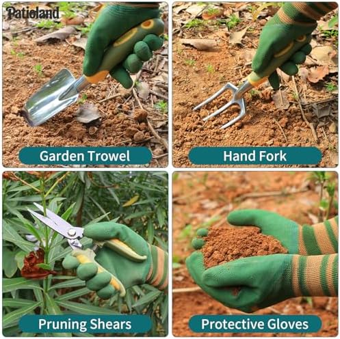 Green Garden Tool Set 4-Piece, Trowel, Fork, Pruning Shear&Gloves