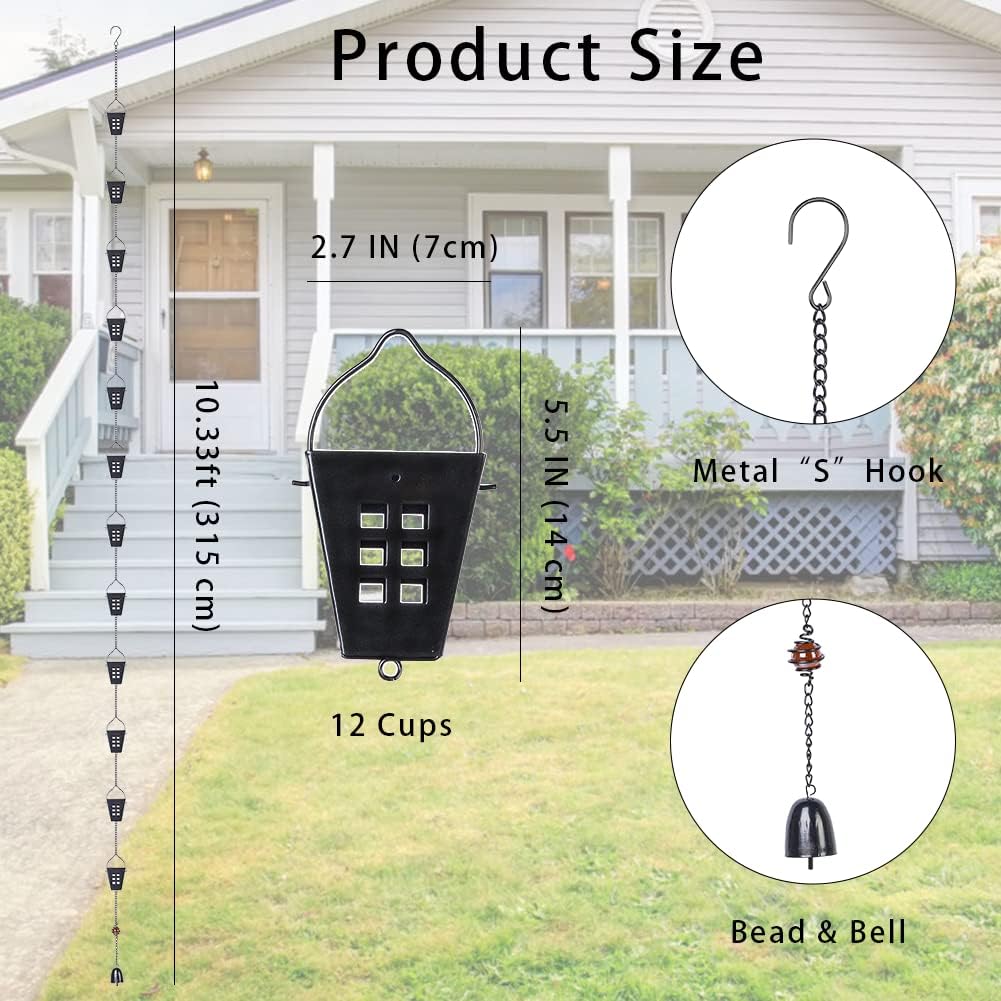 10 Ft Rain Chain, Black Square Rain Gutter Chains with 12 Cups | Adjustable Rain Catcher Chain with Bell for Eaves