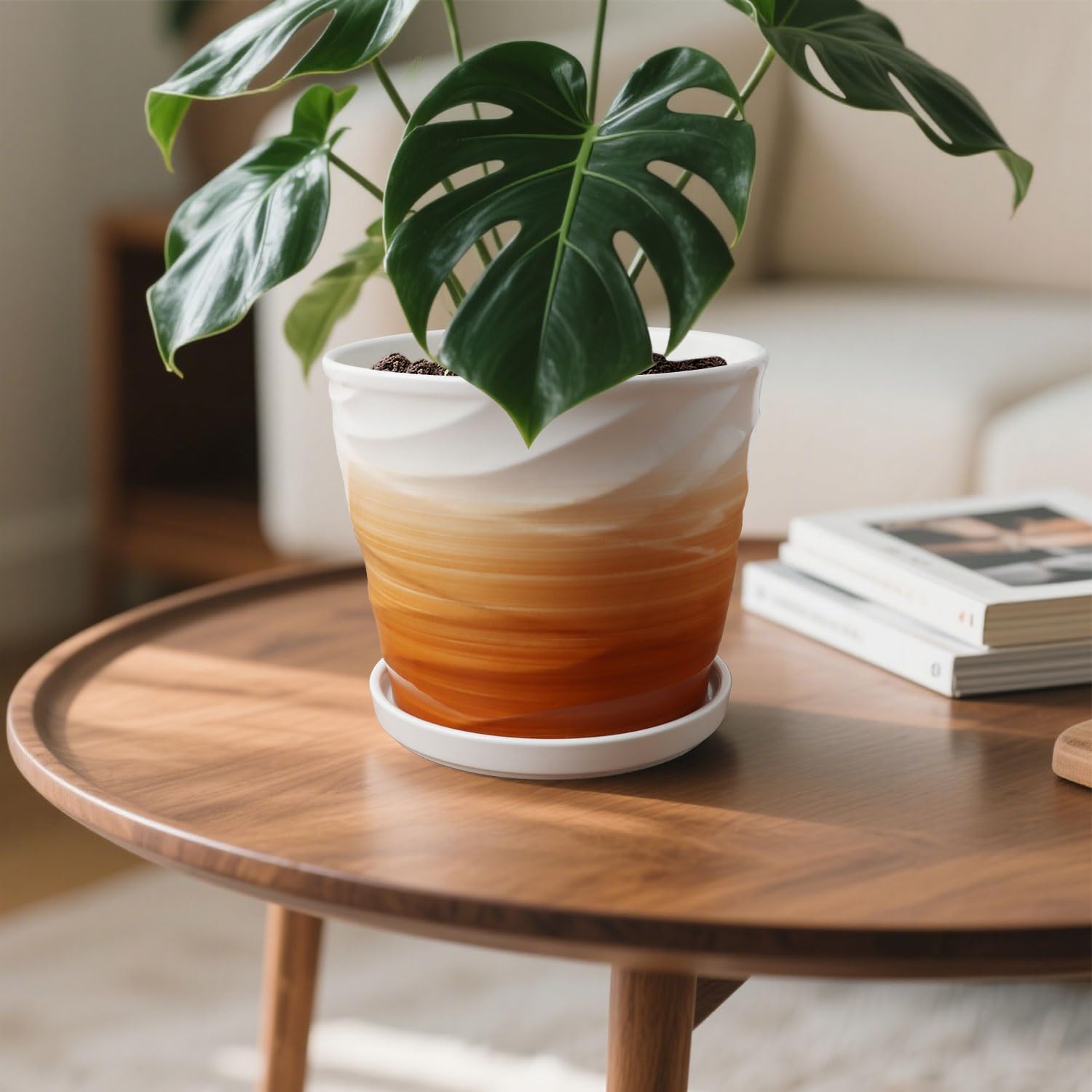 8 Inch Plant Pot, Ceramic Planter with Drainage and Saucer,Ceramic Planters for Indoor Plants, 8 Inch Garden pots(Khaki