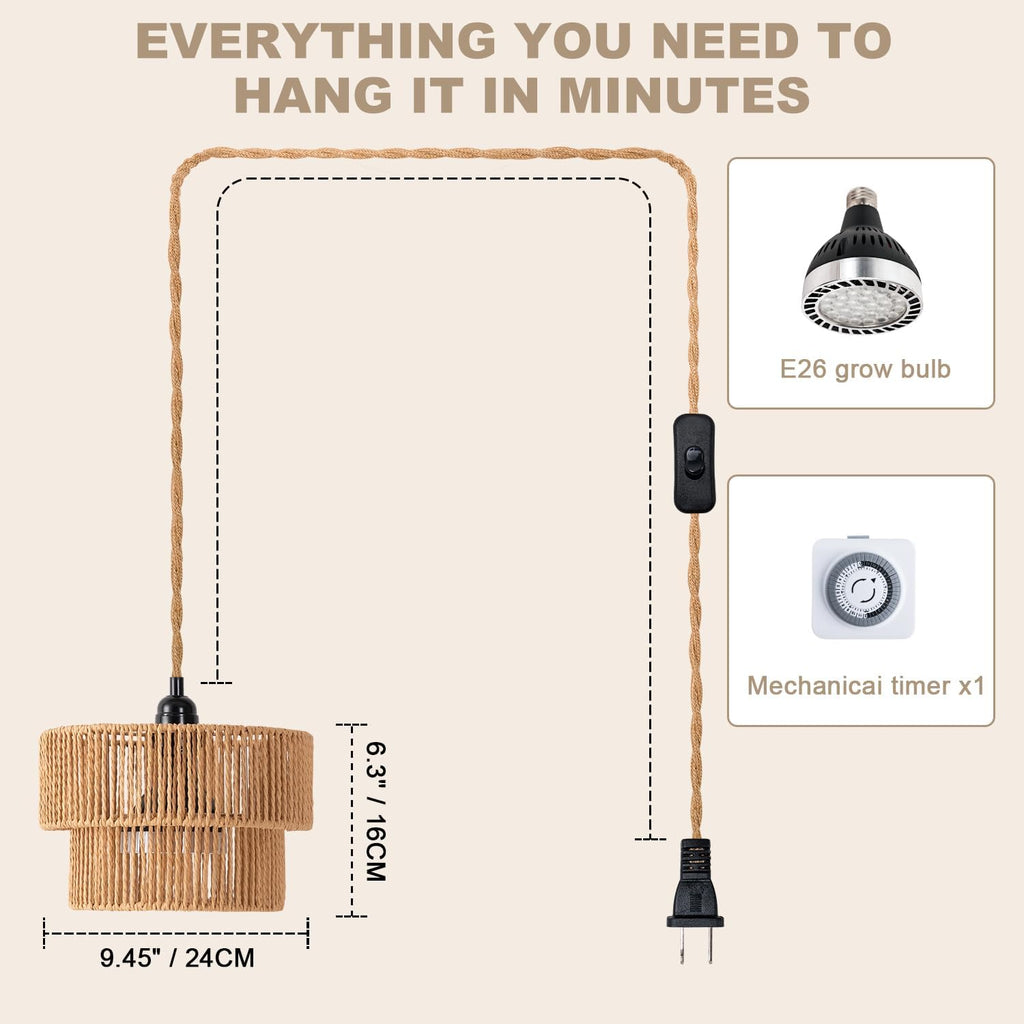 Hanging Grow Light, 30W LED Lamp with Timer for Indoor Plants | 4000K LED plant lamp with 15 ft cord, outlet timer, and