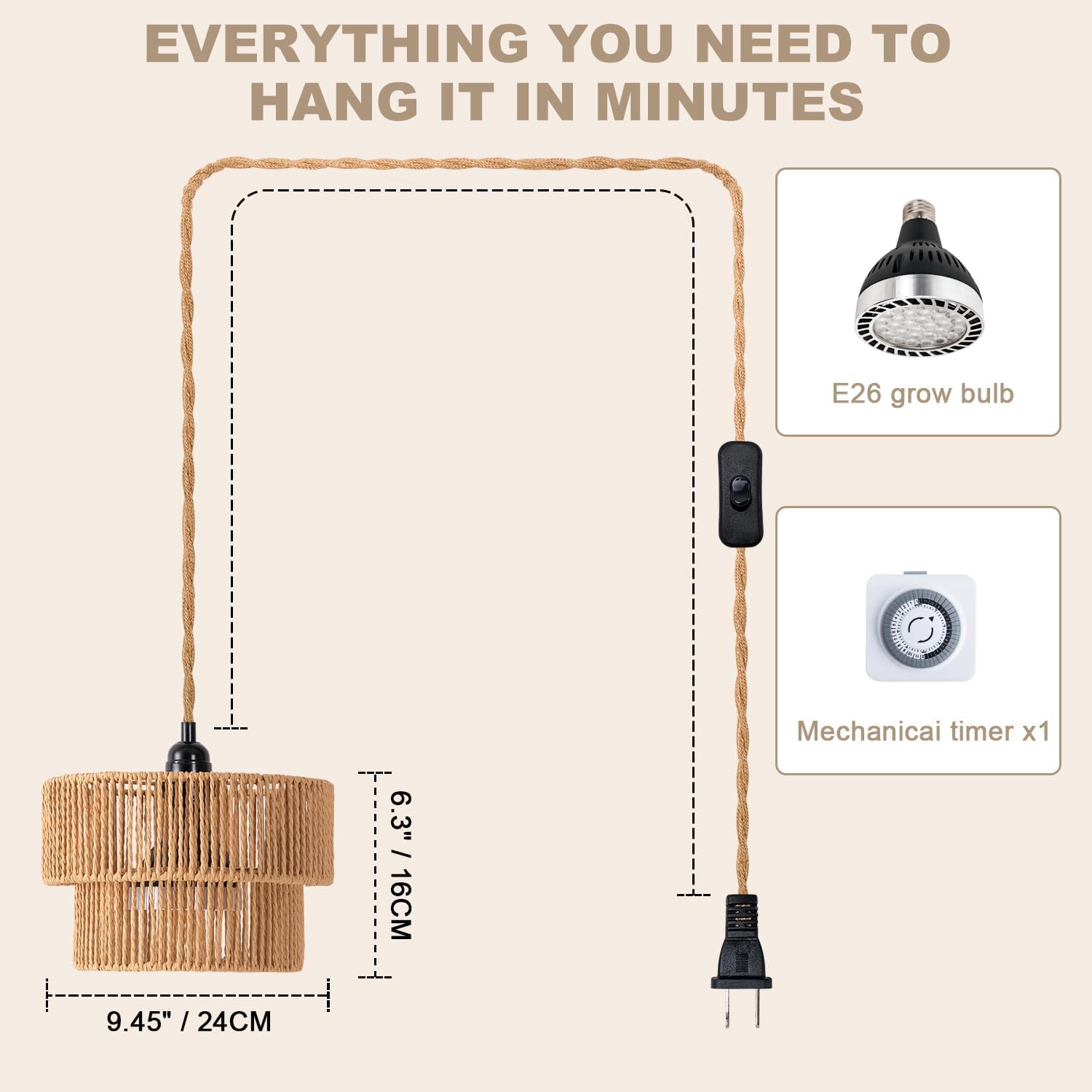 Hanging Grow Light, 30W LED Lamp with Timer for Indoor Plants | 4000K LED plant lamp with 15 ft cord, outlet timer, and