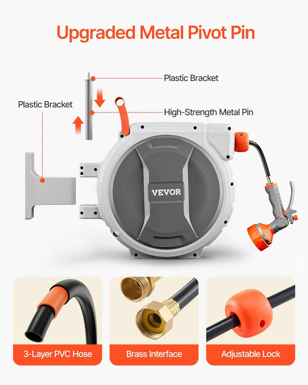 VEVOR Retractable Garden Hose Reel, 1/2 Inch x 84 ft Wall Mounted Heavy Duty Garden Hose Reel with 9 Patterns Nozzle