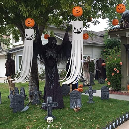 CCINEE 2 Pack Halloween Ghost Windsock Flag with Lights, 70.8 Inch Glow in The Dark Halloween Outdoor Hanging Decor for Yard Patio Garden Pathway Party Decoration(2024 Upgraded)