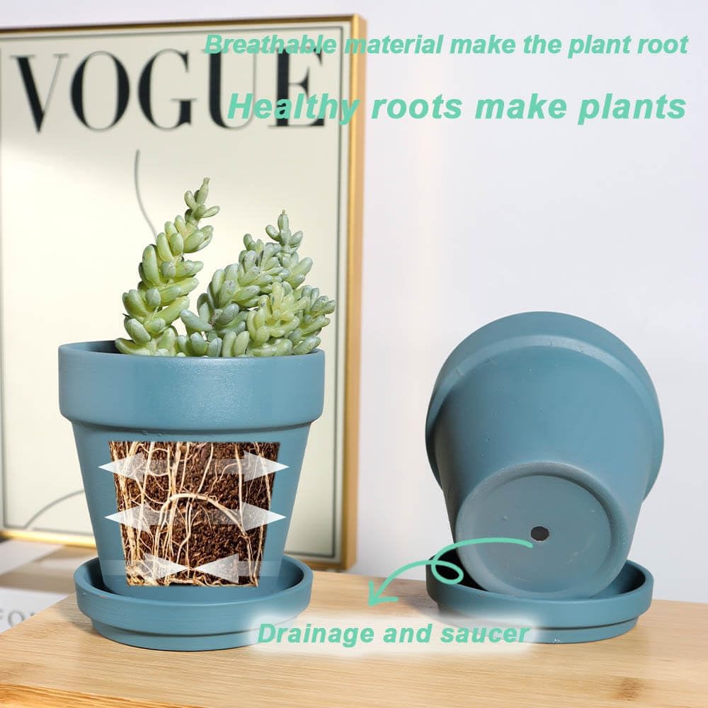 4 Inch Steel Blue Terracotta & Clay Pots with Saucer, 6 Pack | Medium Terra Cotta Planter with Drainage, Flowerpot for