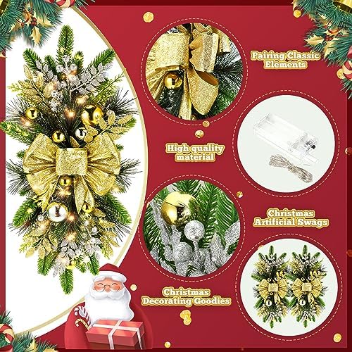 Lyrow 2 Pack 24" Christmas Stairway Swag with Lights, Gold Ribbon