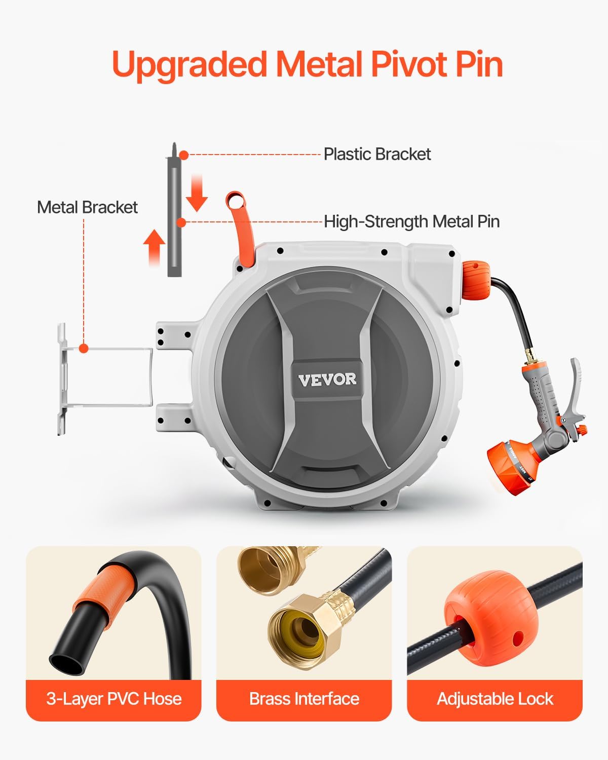 VEVOR Retractable Garden Hose Reel, 5/8 Inch x 100 ft Wall Mounted Hose Reel, Heavy Duty Garden Hose Reel with 9
