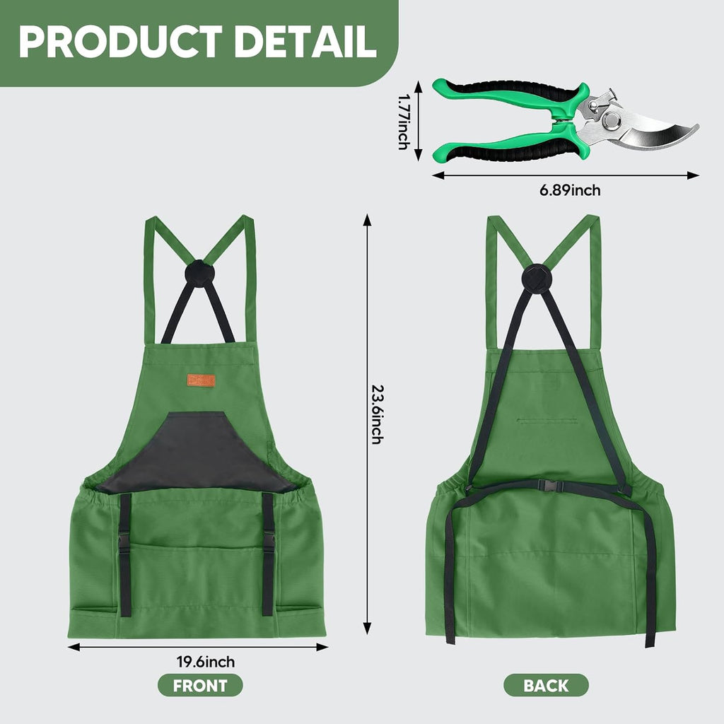 3PCS Gardening Apron, Harvest Apron with Shears and Gloves for Women, Men | Cross-Back, Large Quick Release Pocket