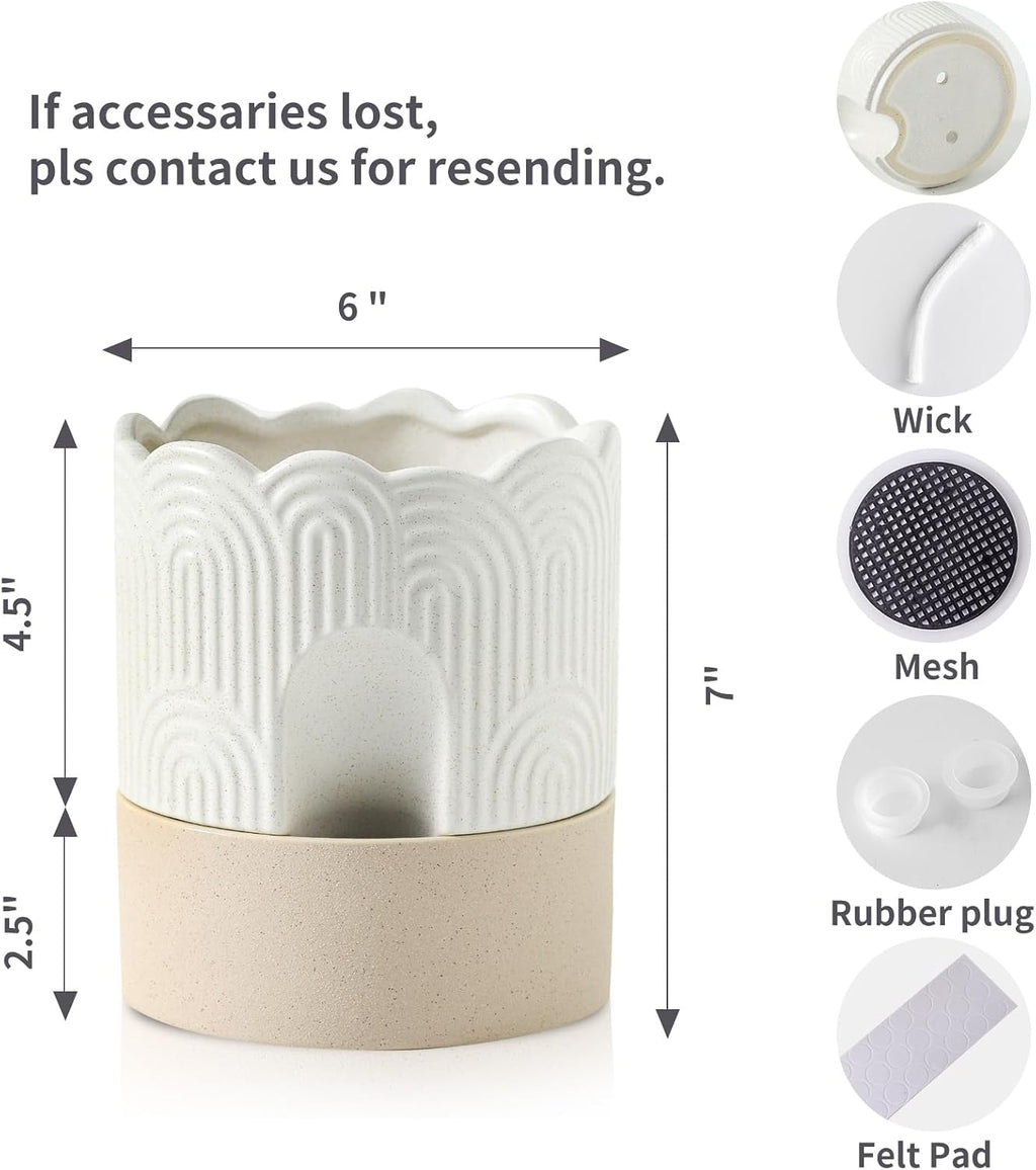 Nihow Ceramic Self Watering Pots for Indoor Plants, 6 Inch,Beige | Visible Water Level Fill Port,Planter with Cotton