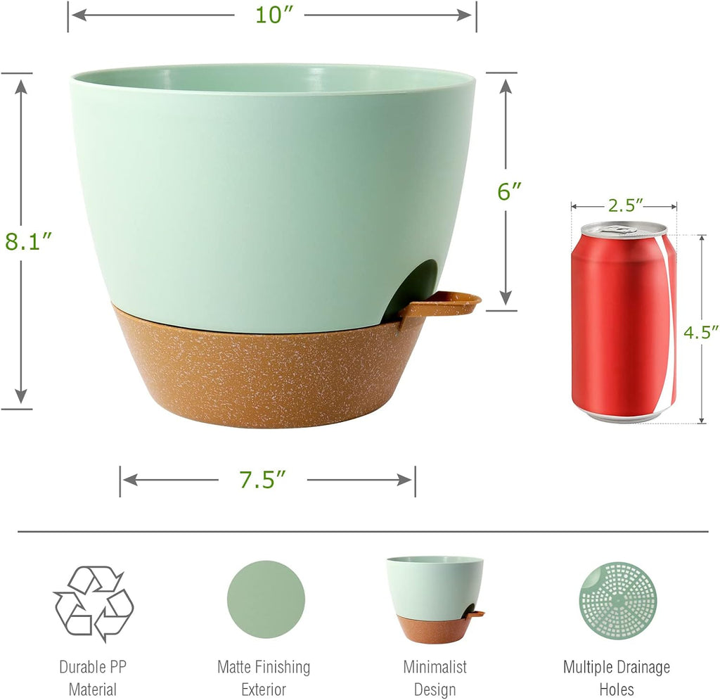 WOUSIWER 10 inch Self Watering Planters, 2 Pack Large Plastic Plant Pots with Deep Reservior and High Drainage Holes